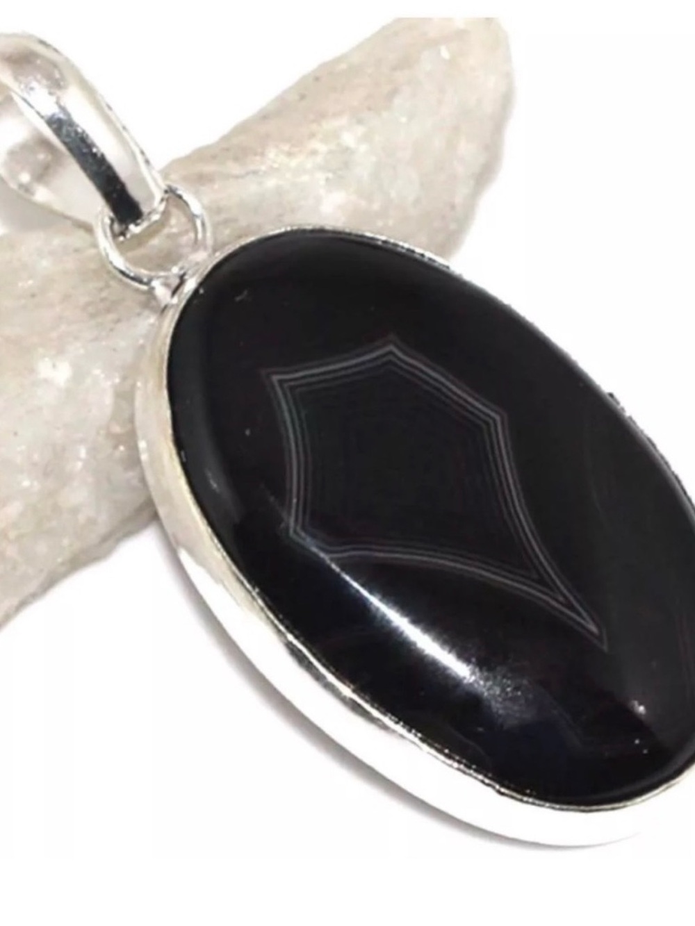 925 Sterling Silver Banded Black Onyx & Sterling Silver Pendant